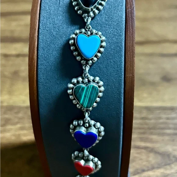 Vintage ~ Multi-Colors Gemstones Heart Shaped ~ .925 Sterling Silver Bracelet - Picture 9 of 15